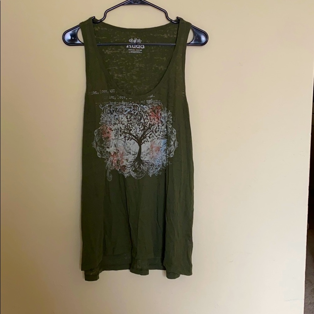 Burn Out tank top, graphic Tree, forest green